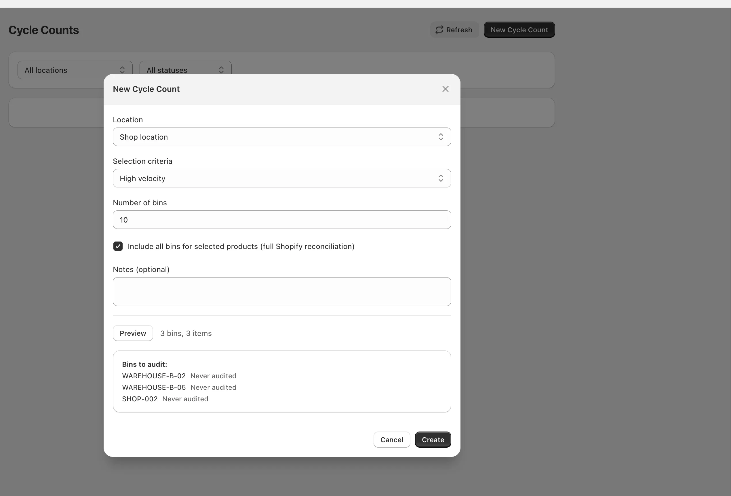 New cycle count modal with selection criteria