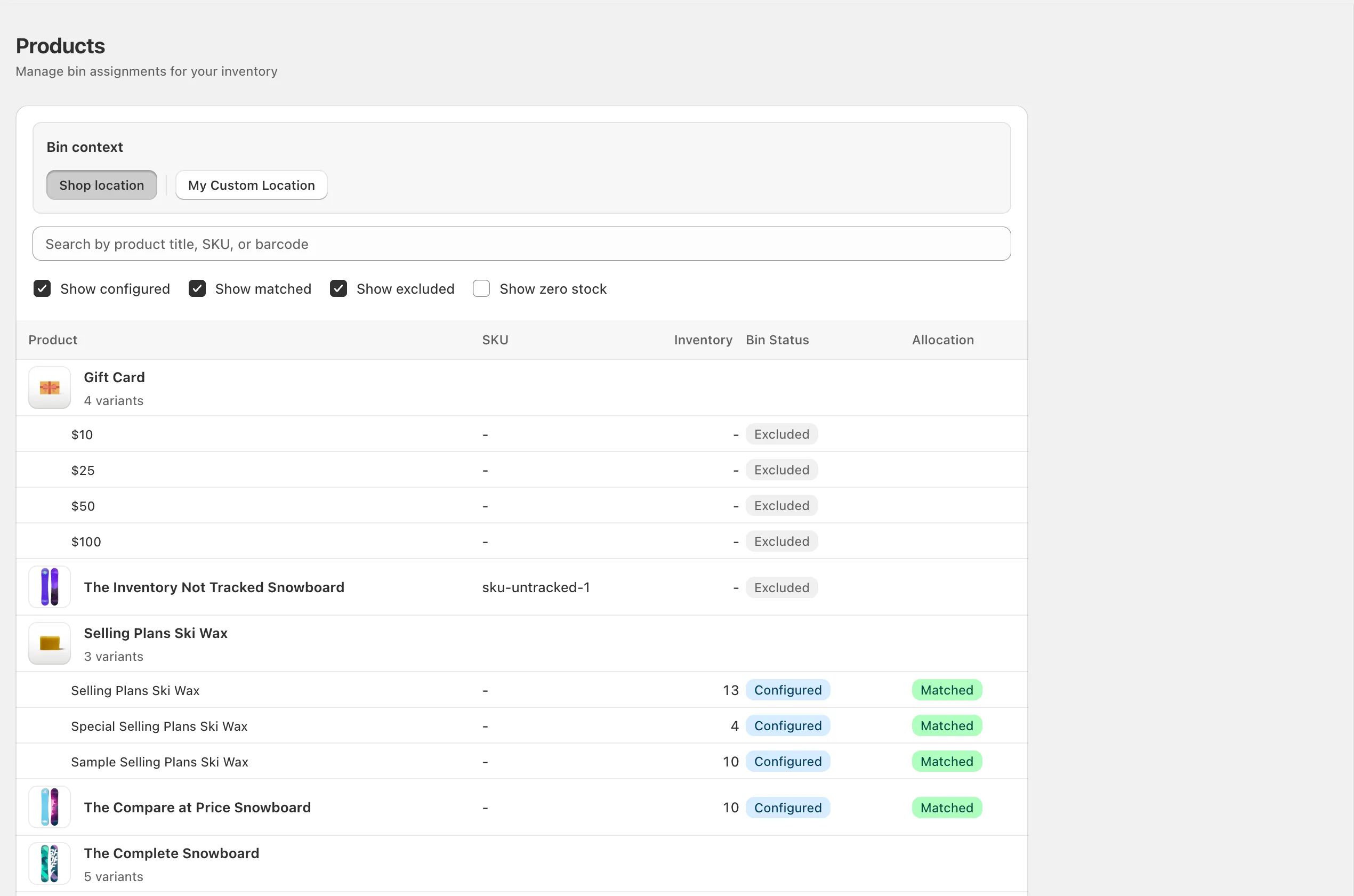 BinTech products page showing bin status and allocation columns