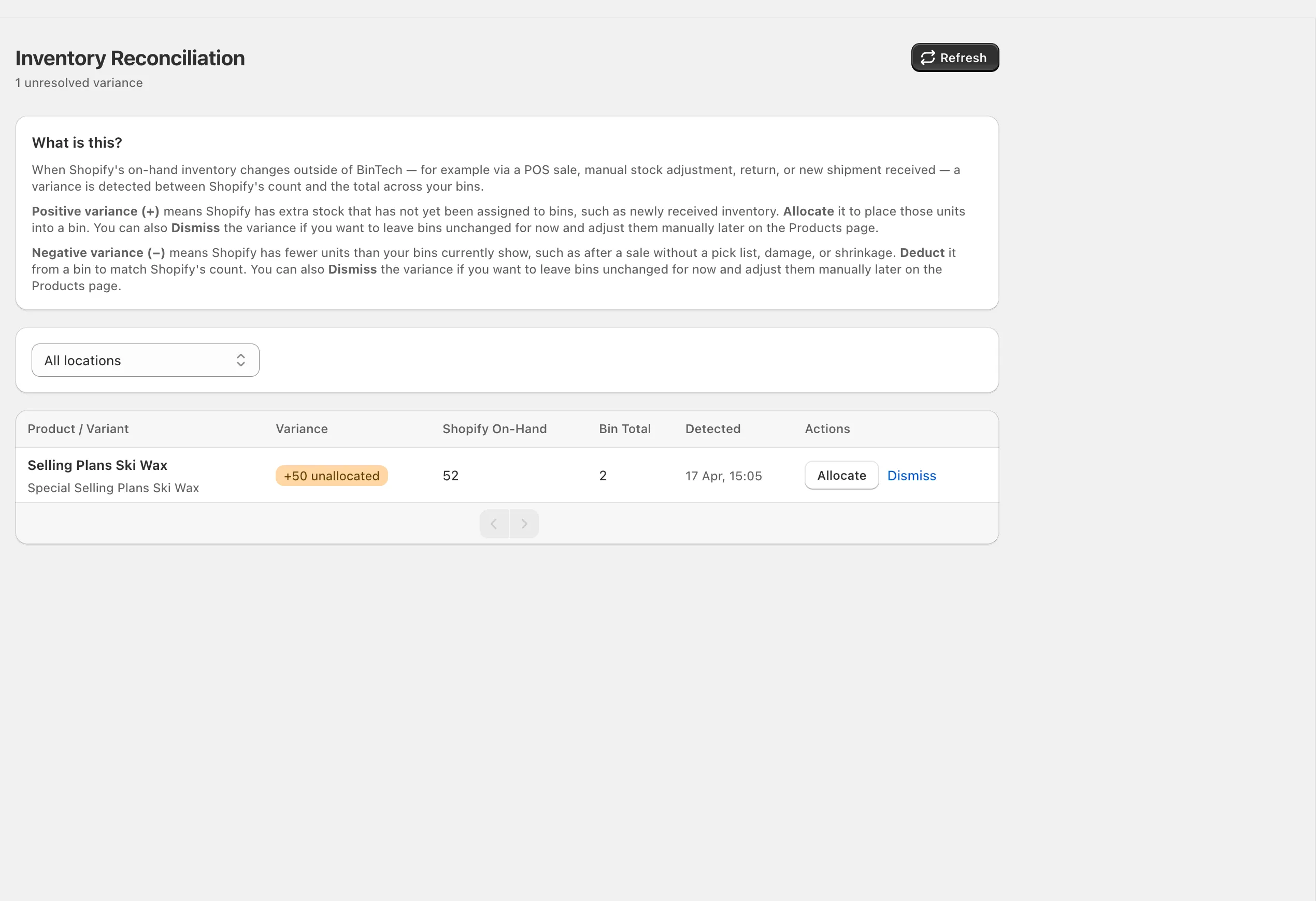 Inventory reconciliation page showing variance items