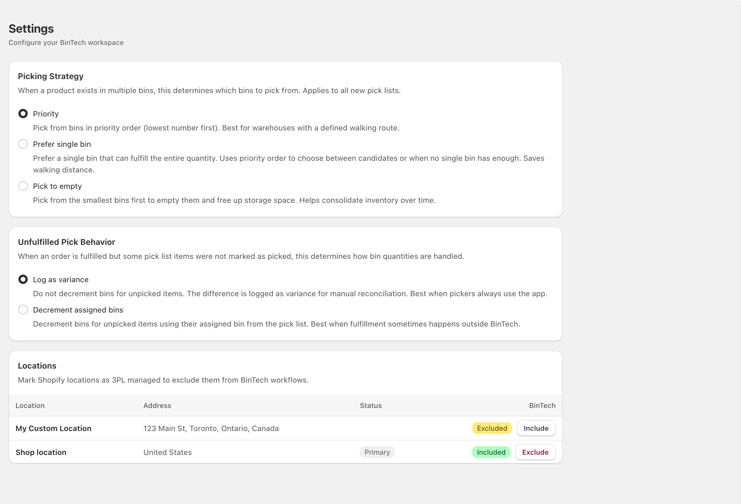 Settings page with picking strategy and 3PL exclusion controls